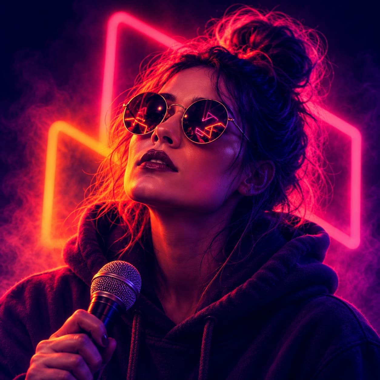 Viki w neonowym świetle, w okularach i z mikrofonem